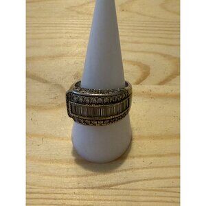 Vintage Silver Tone Diamond-Inspired Cocktail Ring With Baguette & Round Rhinest